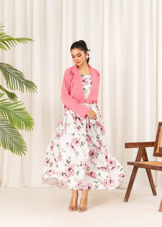 2 Pcs Stylish Floral Print Maxi Dress With Pink Jacket